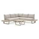 Alora loungehoek in beige aluminium met beige Weather+ Olefin kussens en loungetafel