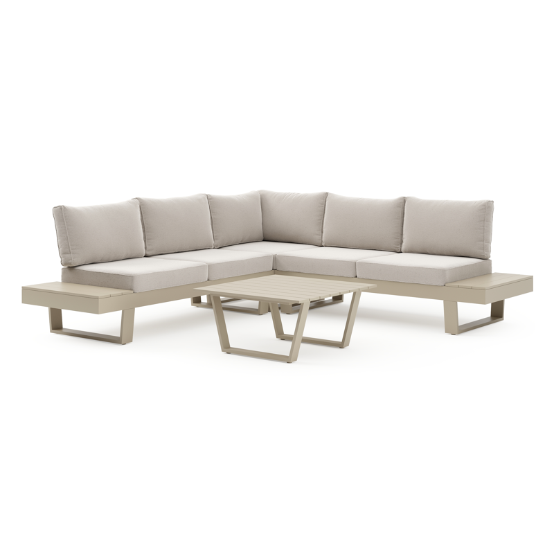 Alora loungehoek in beige aluminium met beige Weather+ Olefin kussens en loungetafel
