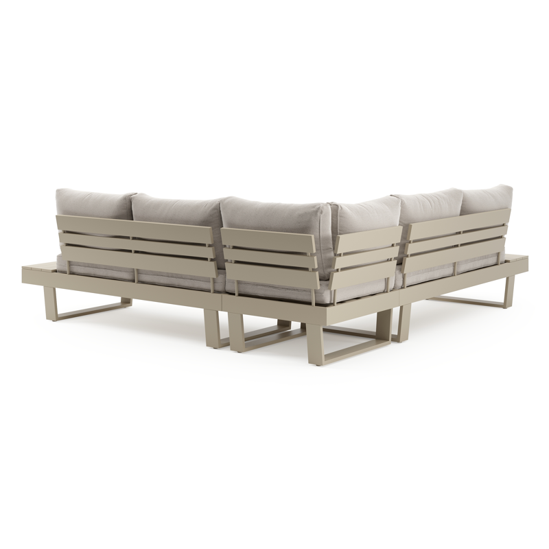 Alora loungehoek in beige aluminium met beige Weather+ Olefin kussens en loungetafel