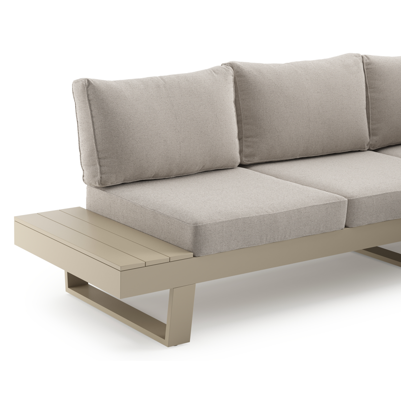 Alora loungehoek in beige aluminium met beige Weather+ Olefin kussens en loungetafel
