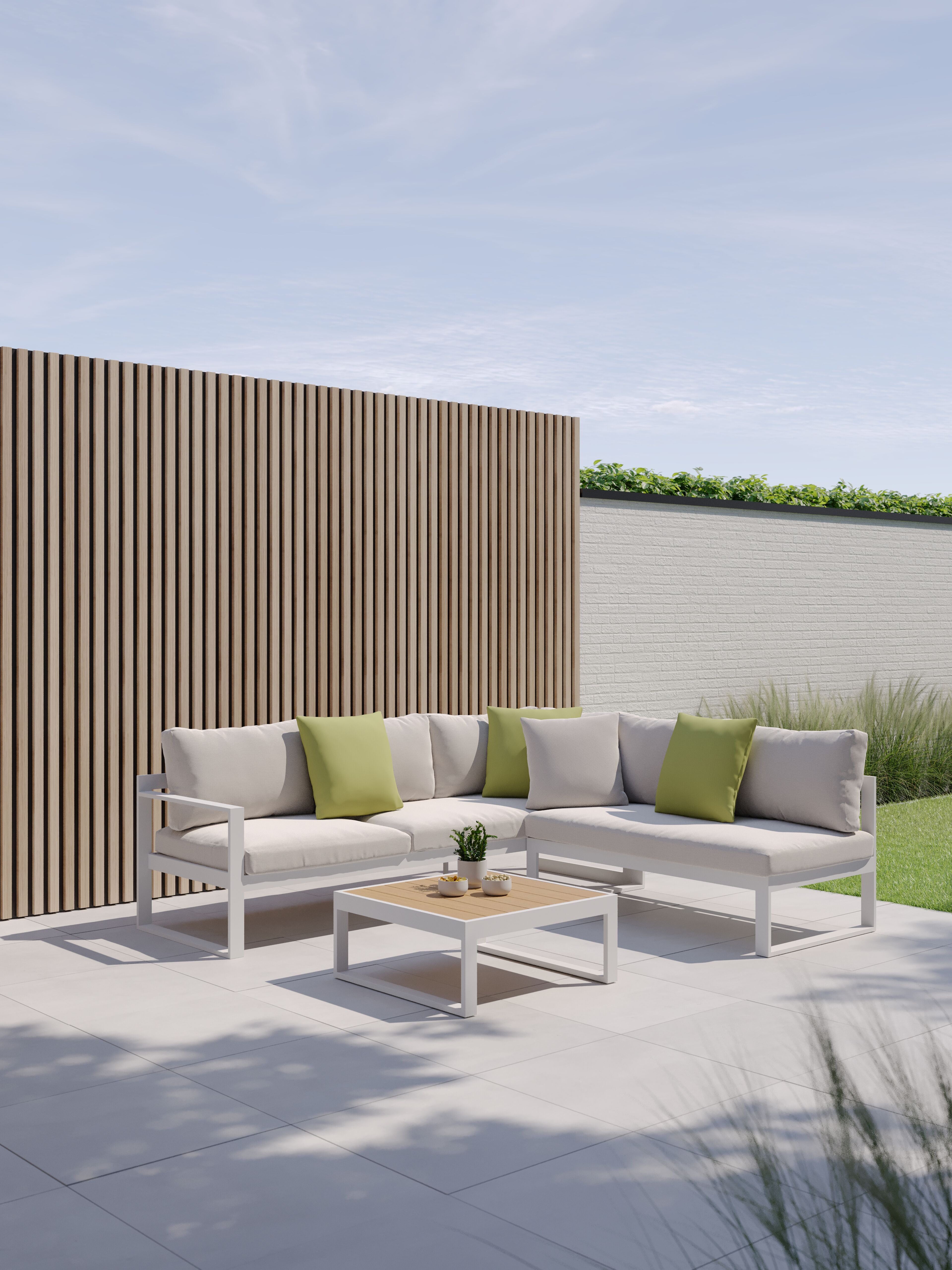 Caldela loungehoek in wit aluminium met beige kussen