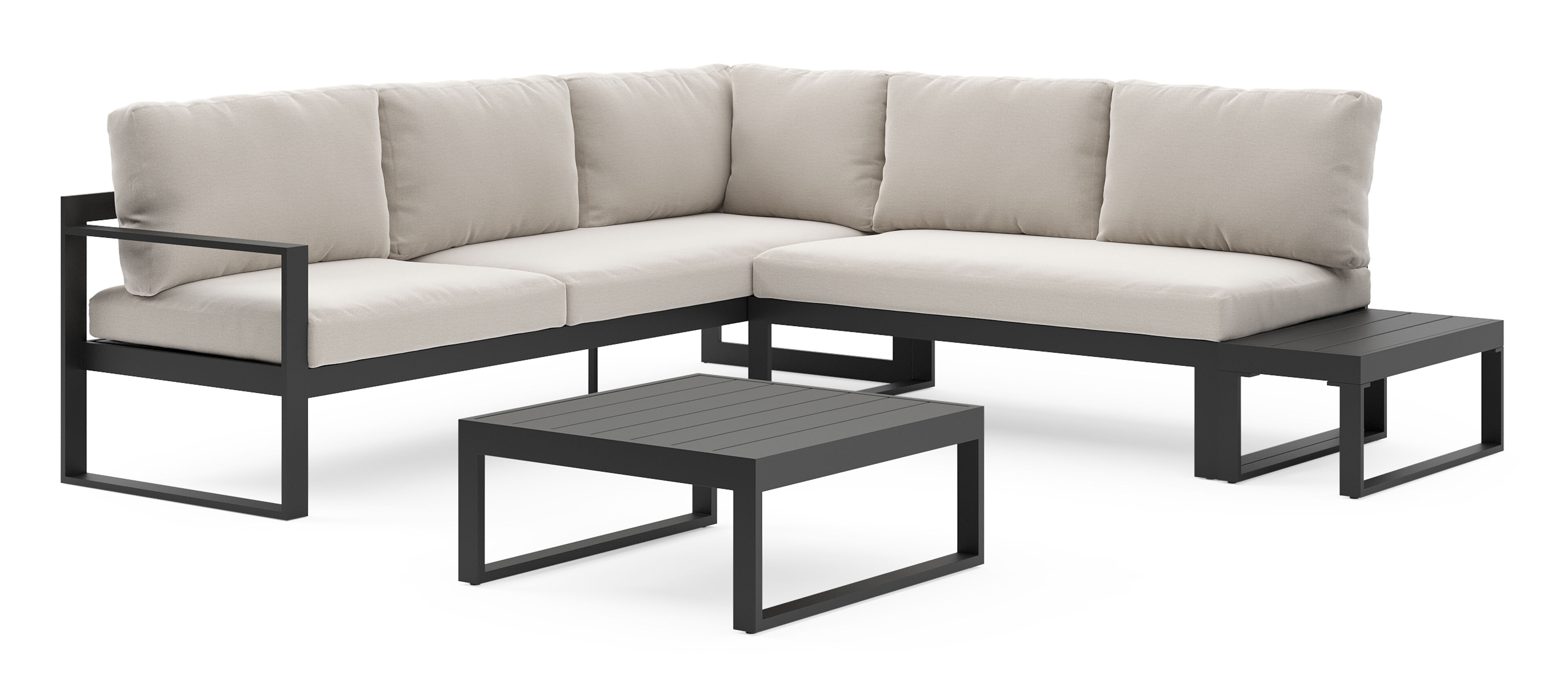 Caldela loungehoek in zwart aluminium met beige weather+ softtouch kussens en loungetafel