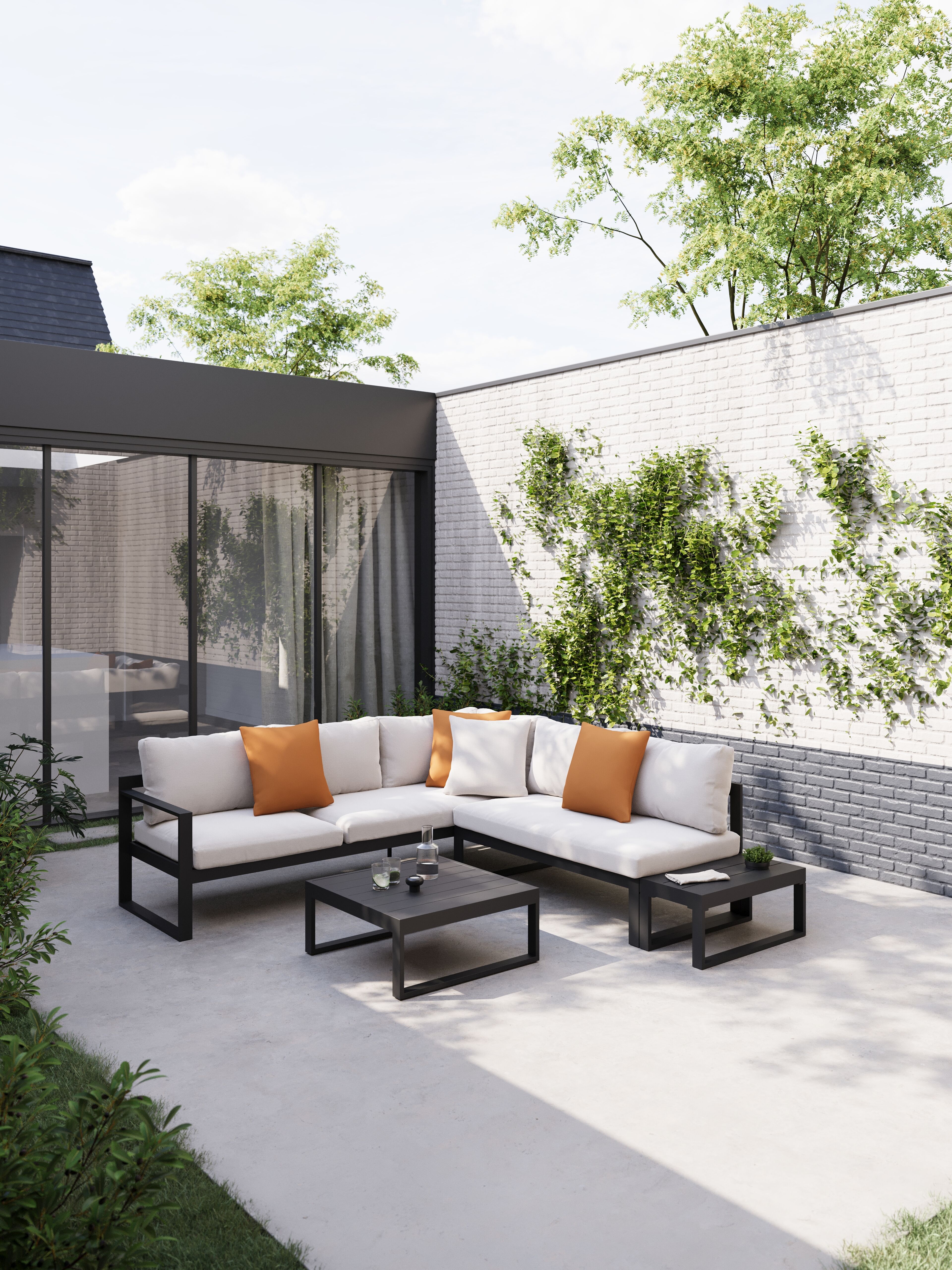 Salon de jardin d'angle Caldela en aluminium noir et coussins en weather+ softtouch beige