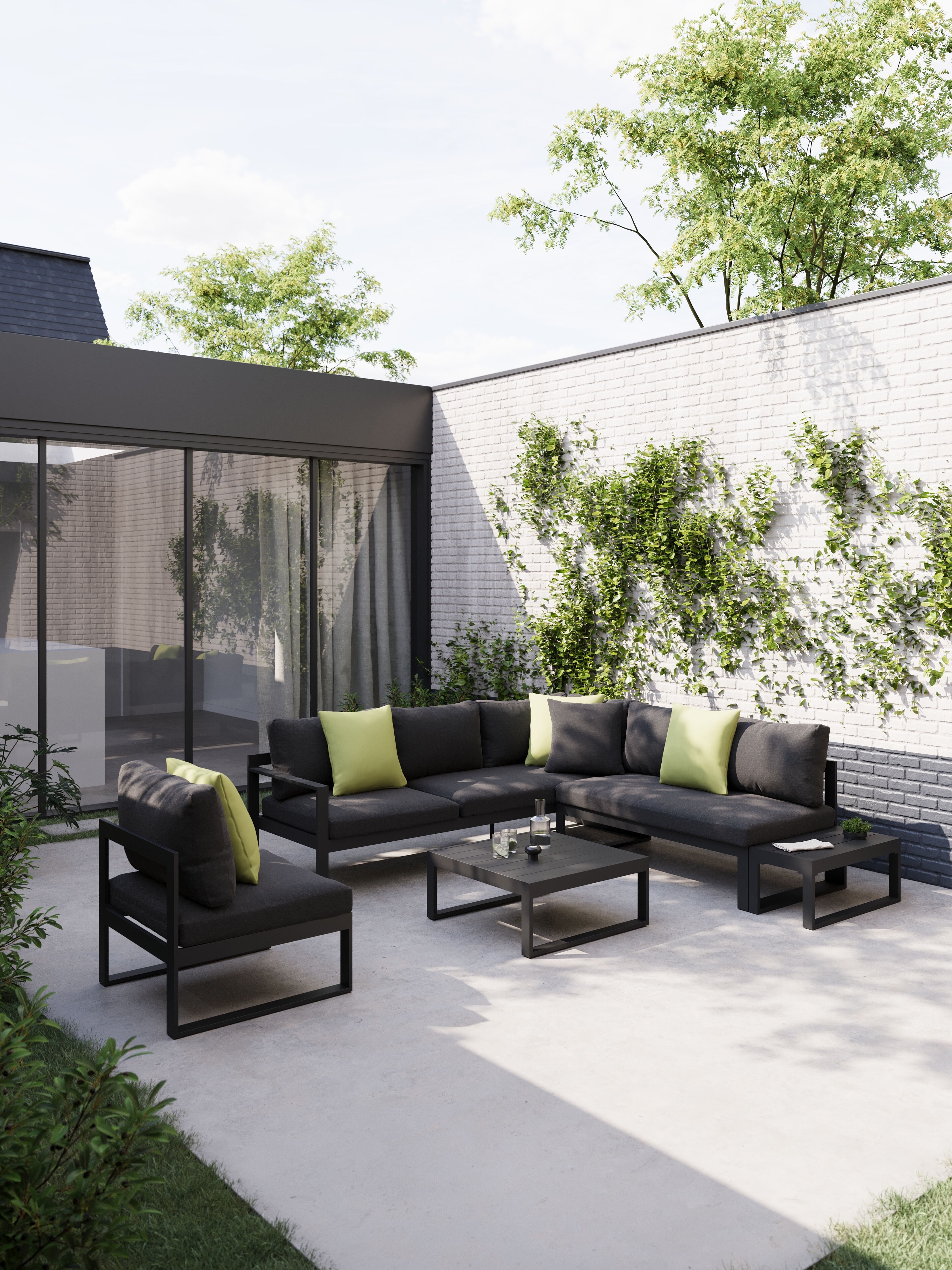 Caldela loungehoek in zwart aluminium met zwart weather+ softtouch kussens