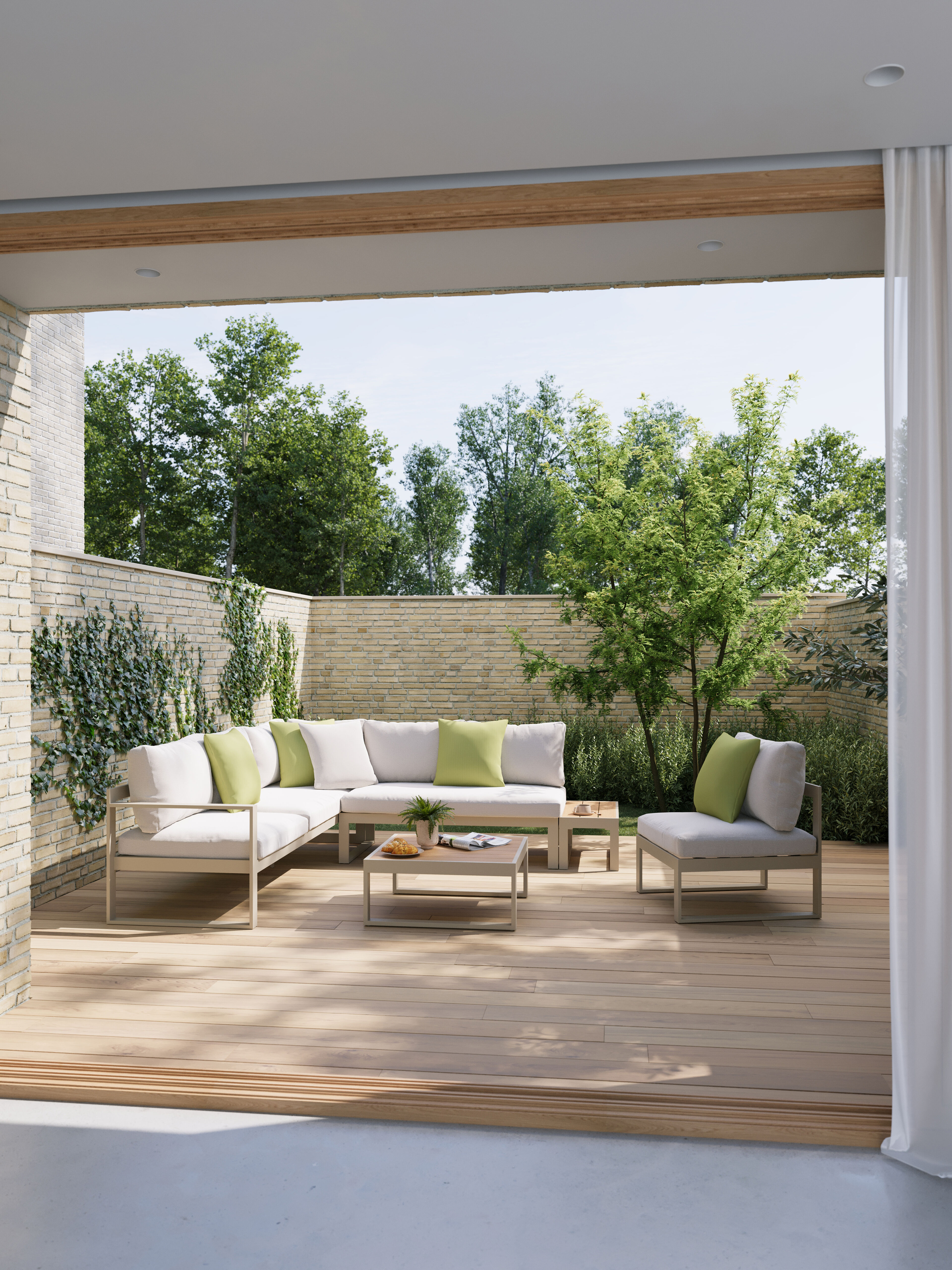 Salon de jardin d'angle Caldela en aluminium beige et coussins en weather+ softtouch beige