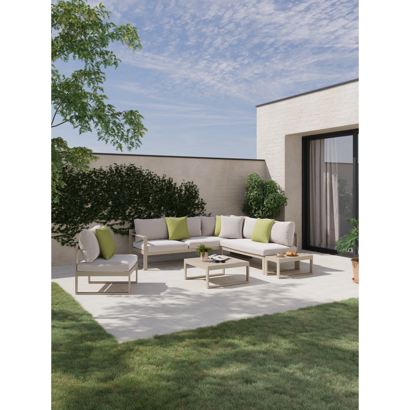 Caldela loungehoek in beige aluminium met beige Weather+ Olefin kussens en loungetafel