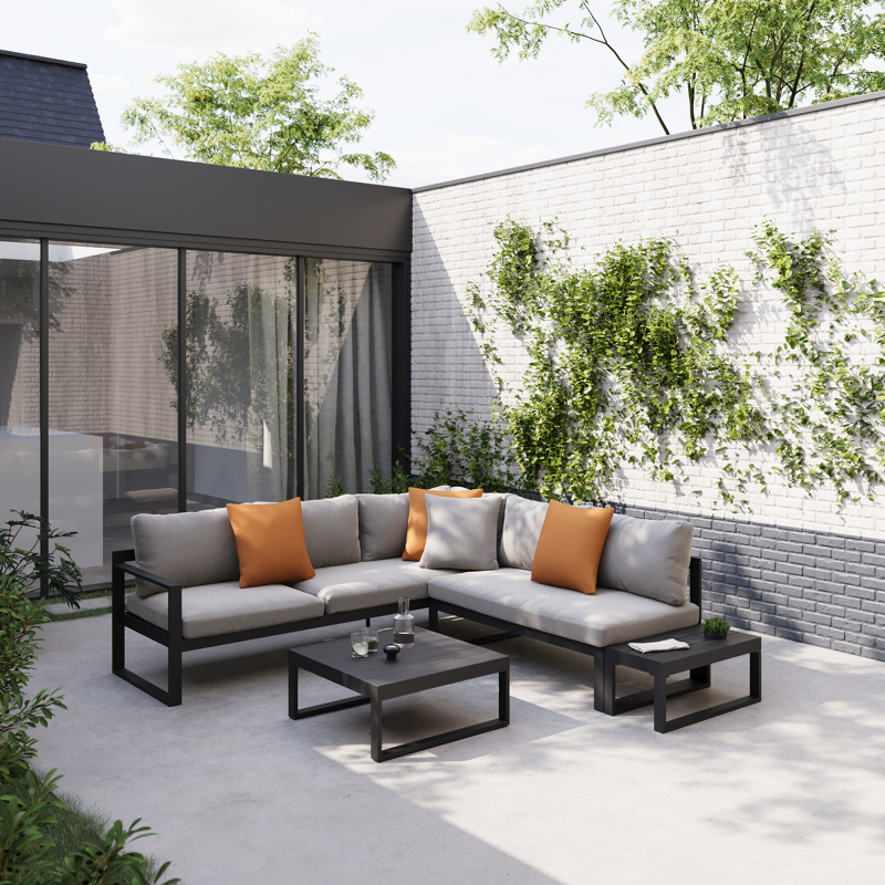 Caldela loungehoek in zwart aluminium met grijs kussen