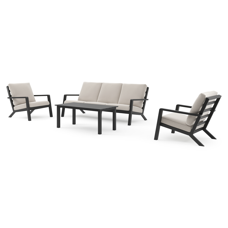 Salon de jardin Nelas en aluminium noir et coussins en weather+ softtouch beige et table basse