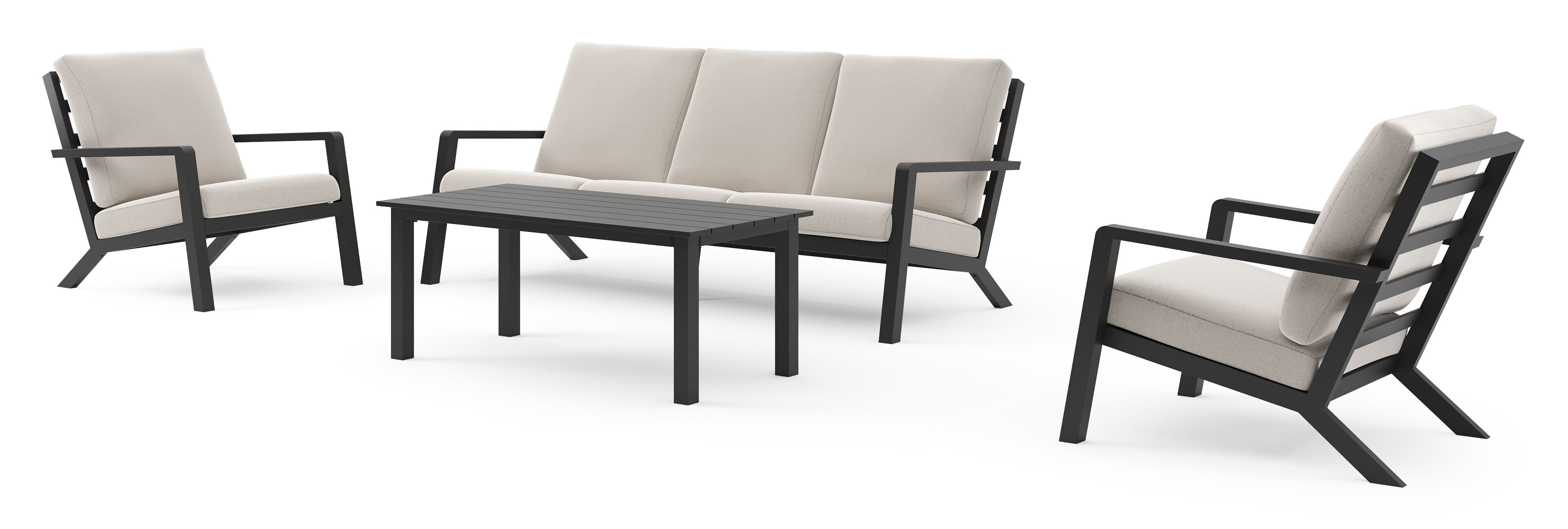 Nelas loungeset in zwart aluminium met beige weather+ softtouch kussens en loungetafel