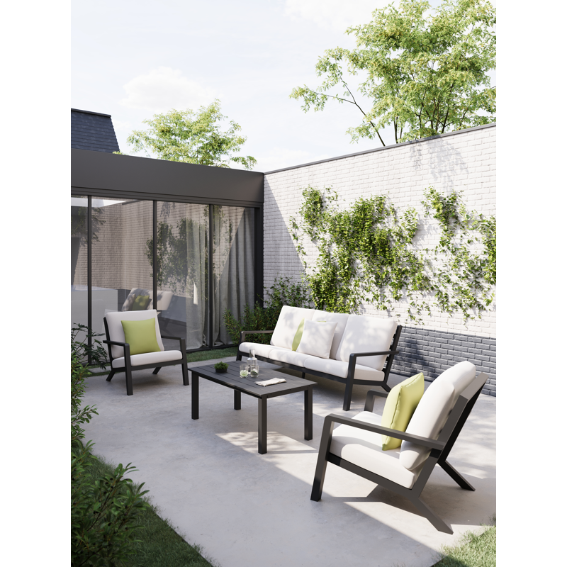 Salon de jardin Nelas en aluminium noir et coussins en weather+ softtouch beige et table basse