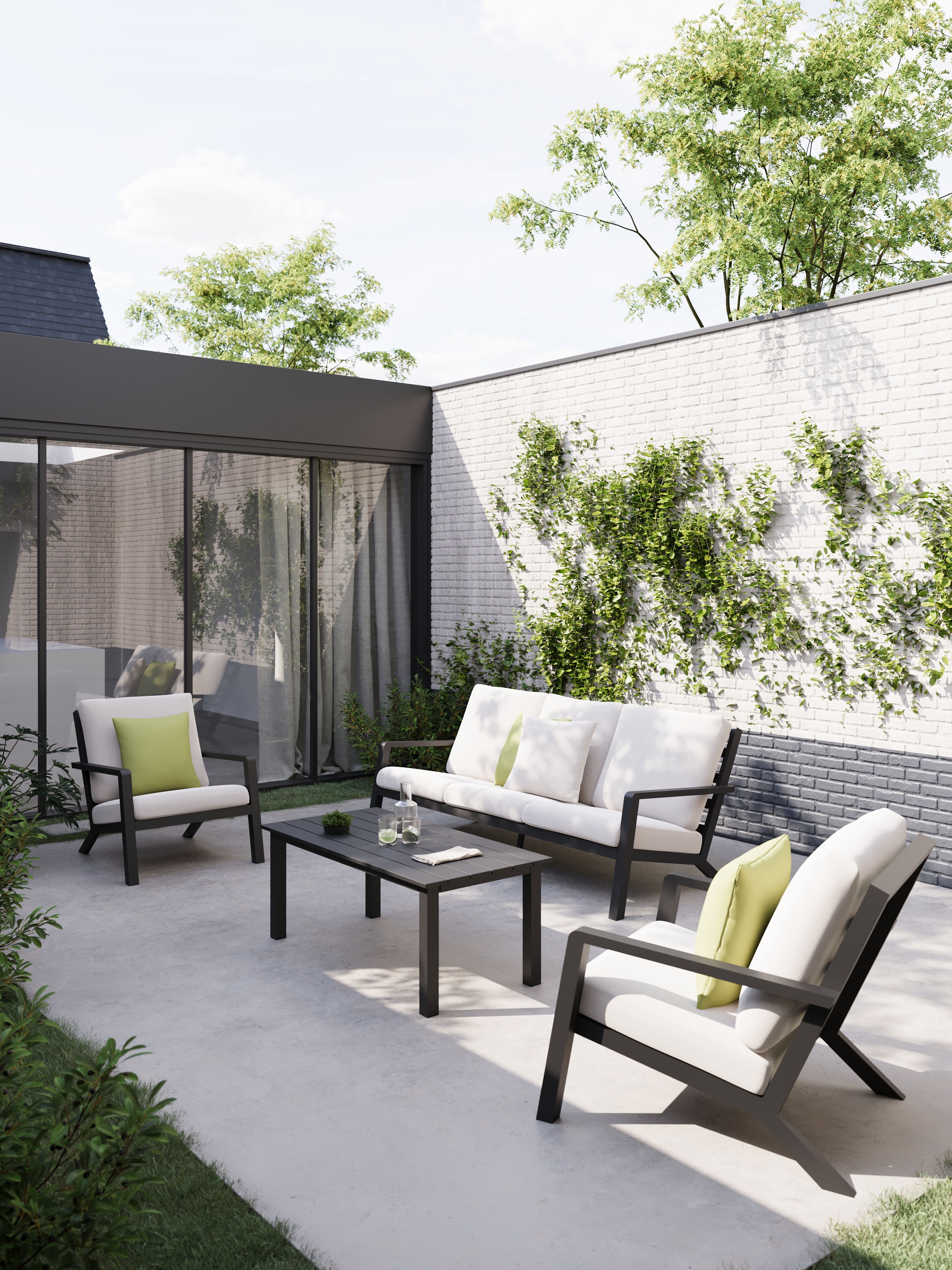 Canapé de jardin Nelas en aluminium noir et coussins en weather+ softtouch beige