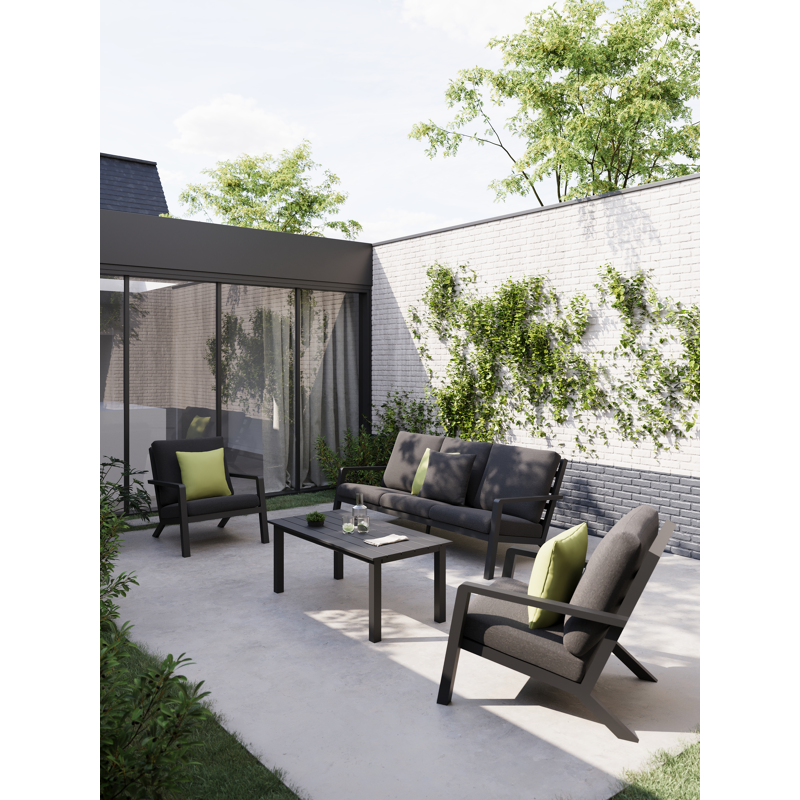 Canapé de jardin Nelas en aluminium noir et coussins en weather+ softtouch noir
