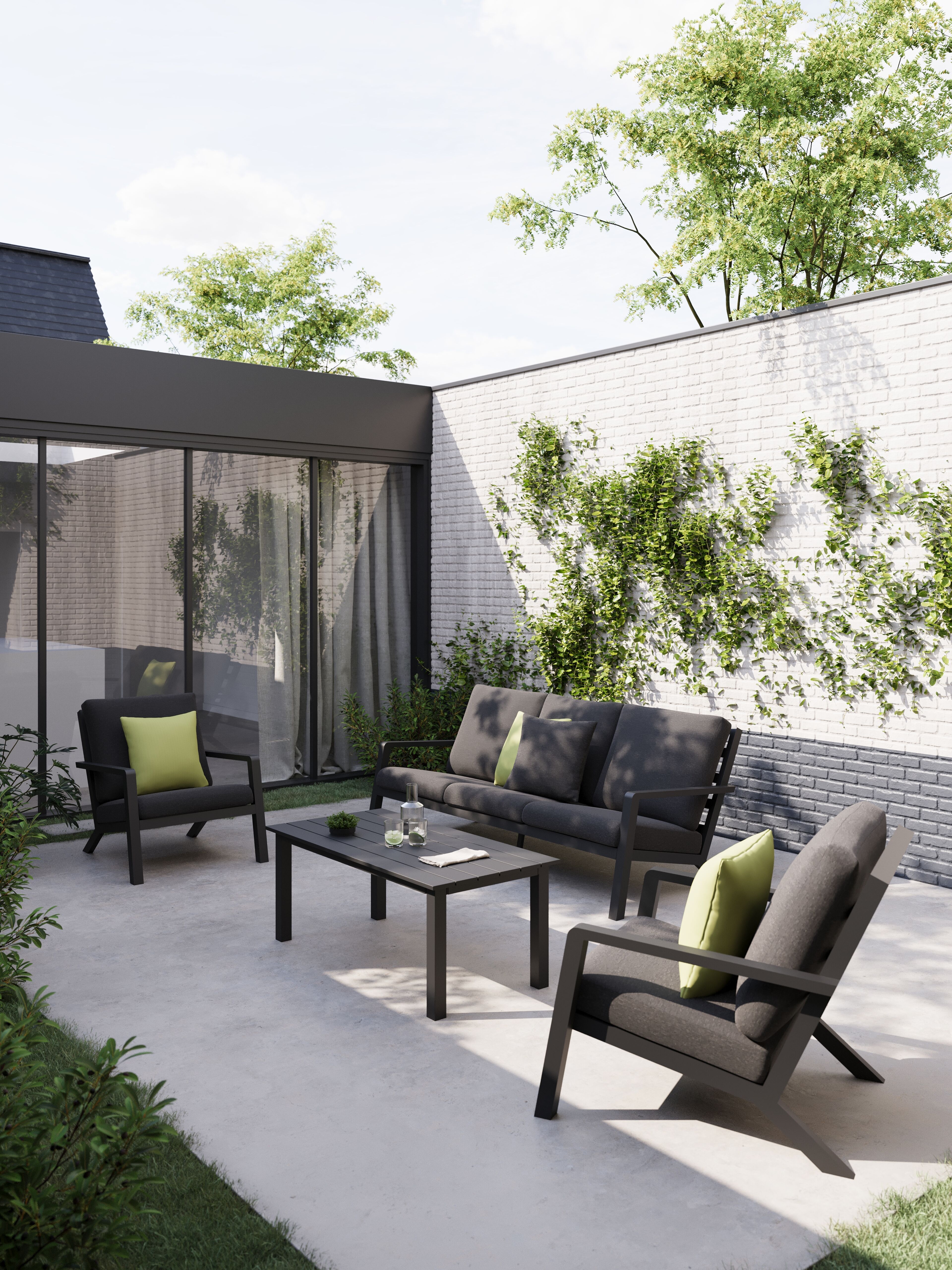 Canapé de jardin Nelas en aluminium noir et coussins en weather+ softtouch noir