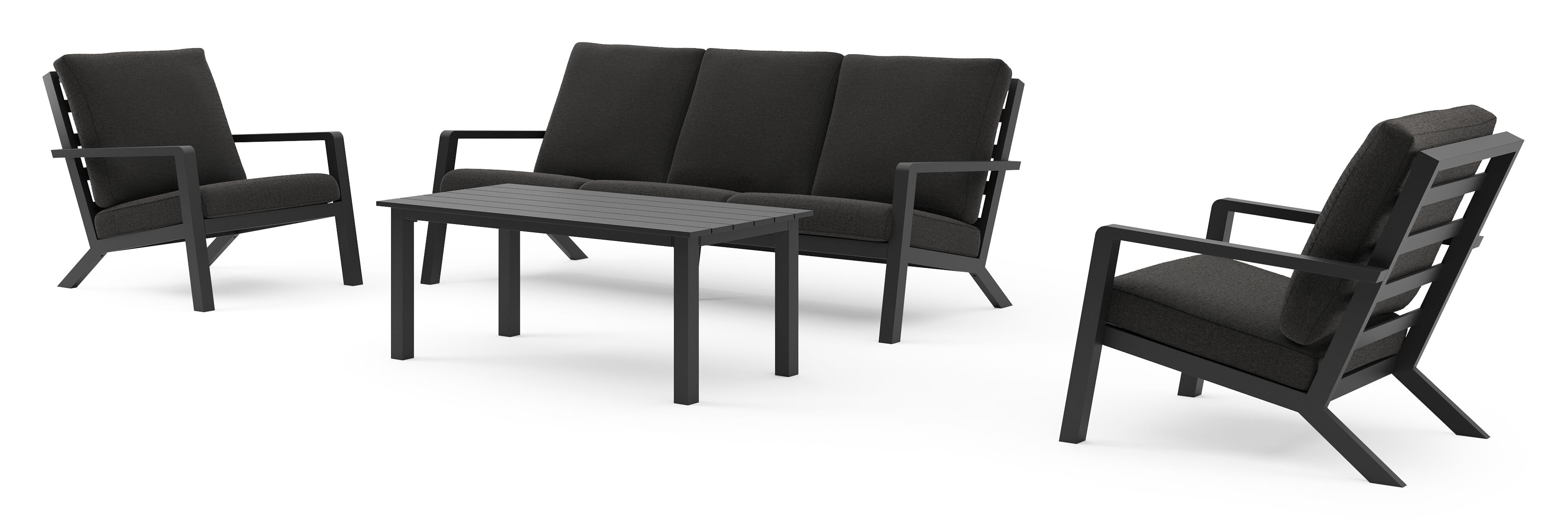 Nelas loungeset in zwart aluminium met zwart weather+ softtouch kussens en loungetafel