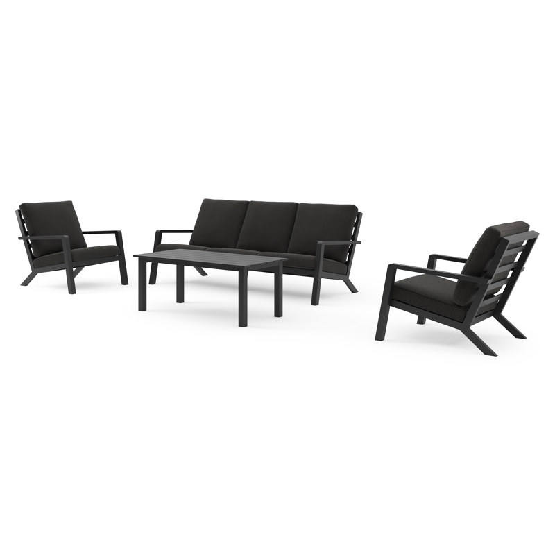 Nelas loungeset in zwart aluminium met zwart weather+ softtouch kussens en loungetafel