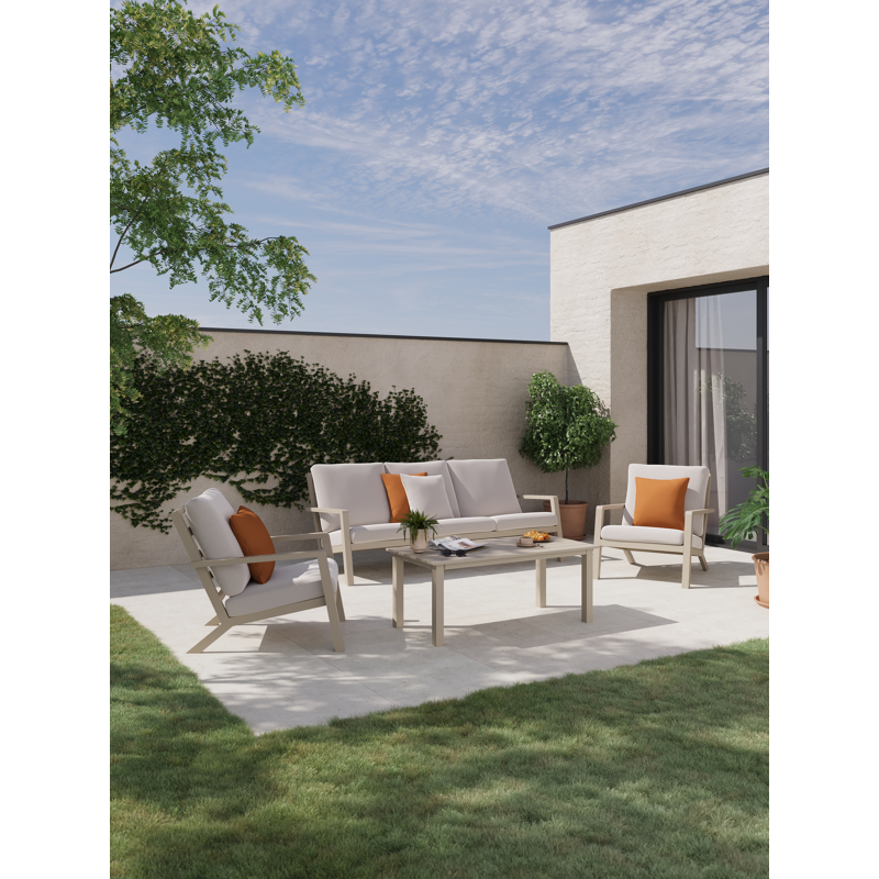 Canapé de jardin Nelas en aluminium beige et coussins en weather+ softtouch beige