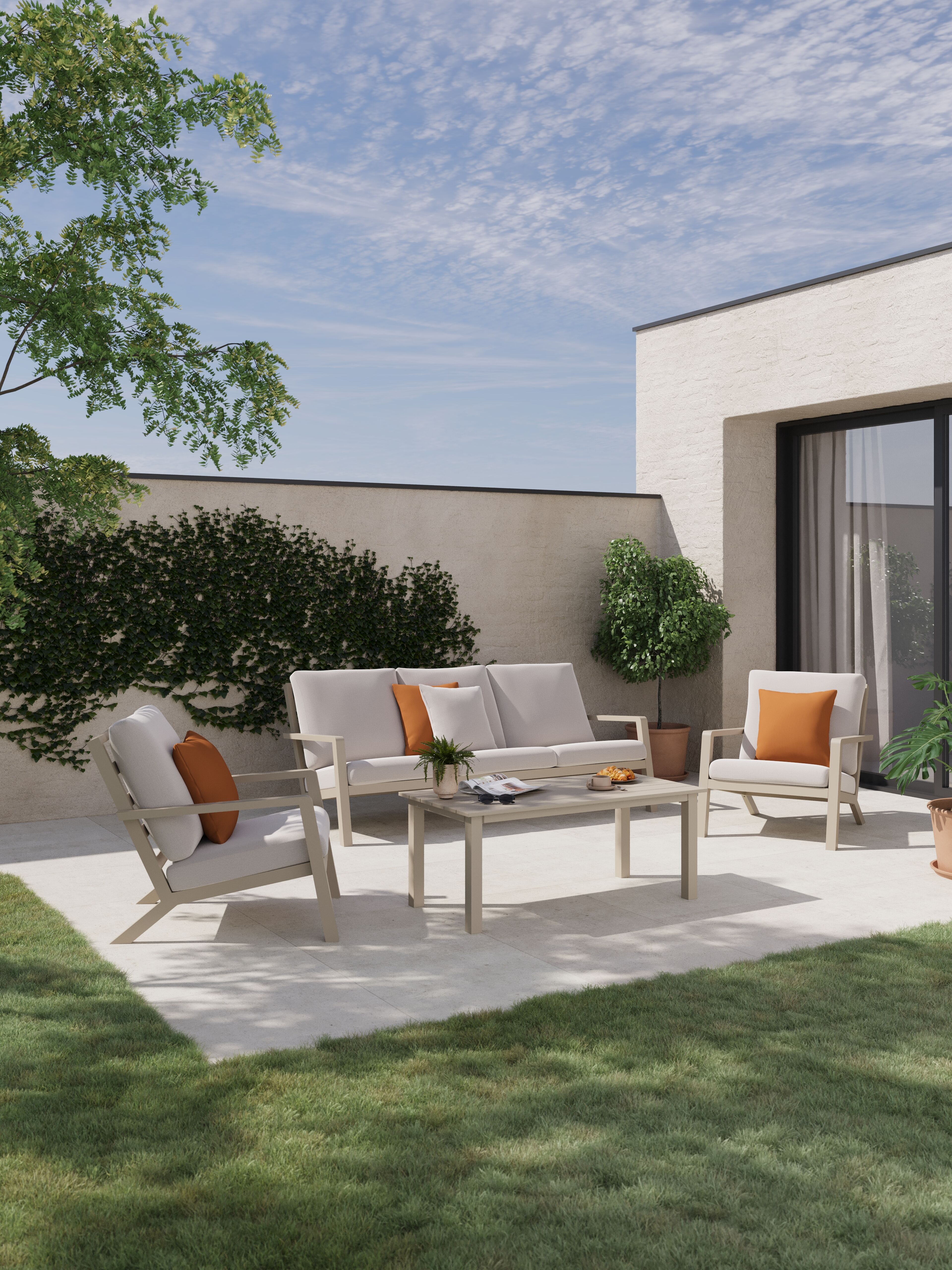 Canapé de jardin Nelas en aluminium beige et coussins en weather+ softtouch beige