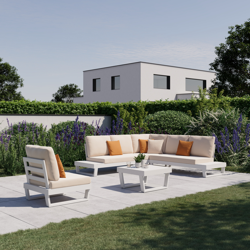 Modica loungehoek in wit aluminium met natte linen chalk All Weather Sunbrella® kussen