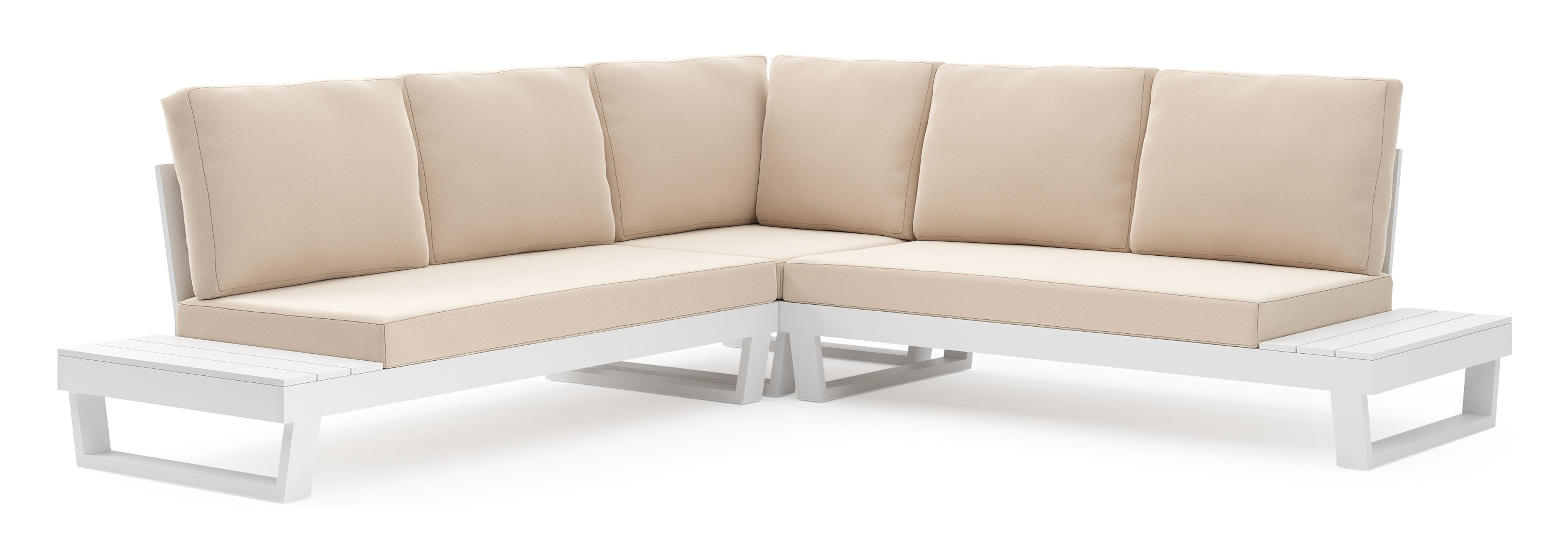 Salon de jardin d'angle Modica en aluminium blanc et coussins en all weather sunbrella® premium natte linen chalk