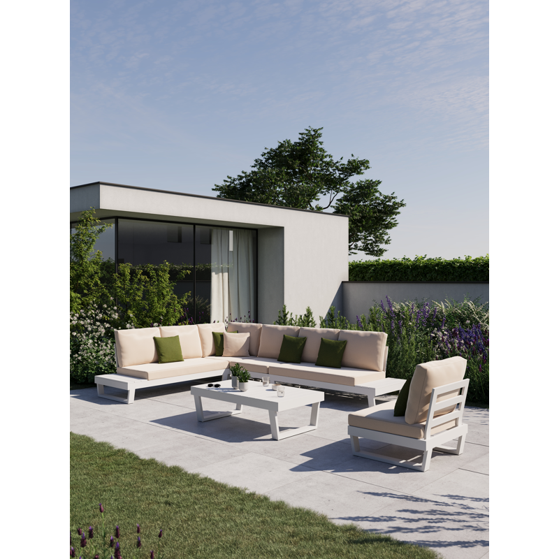 Salon de jardin d'angle Modica en aluminium blanc et coussins en all weather sunbrella® premium natte linen chalk et table basse