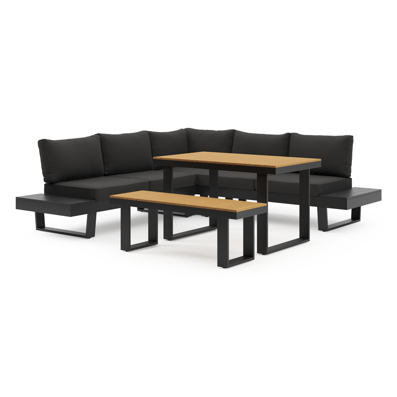 Alora loungehoek in zwart aluminium met zwart weather+ softtouch kussens en loungetafel
