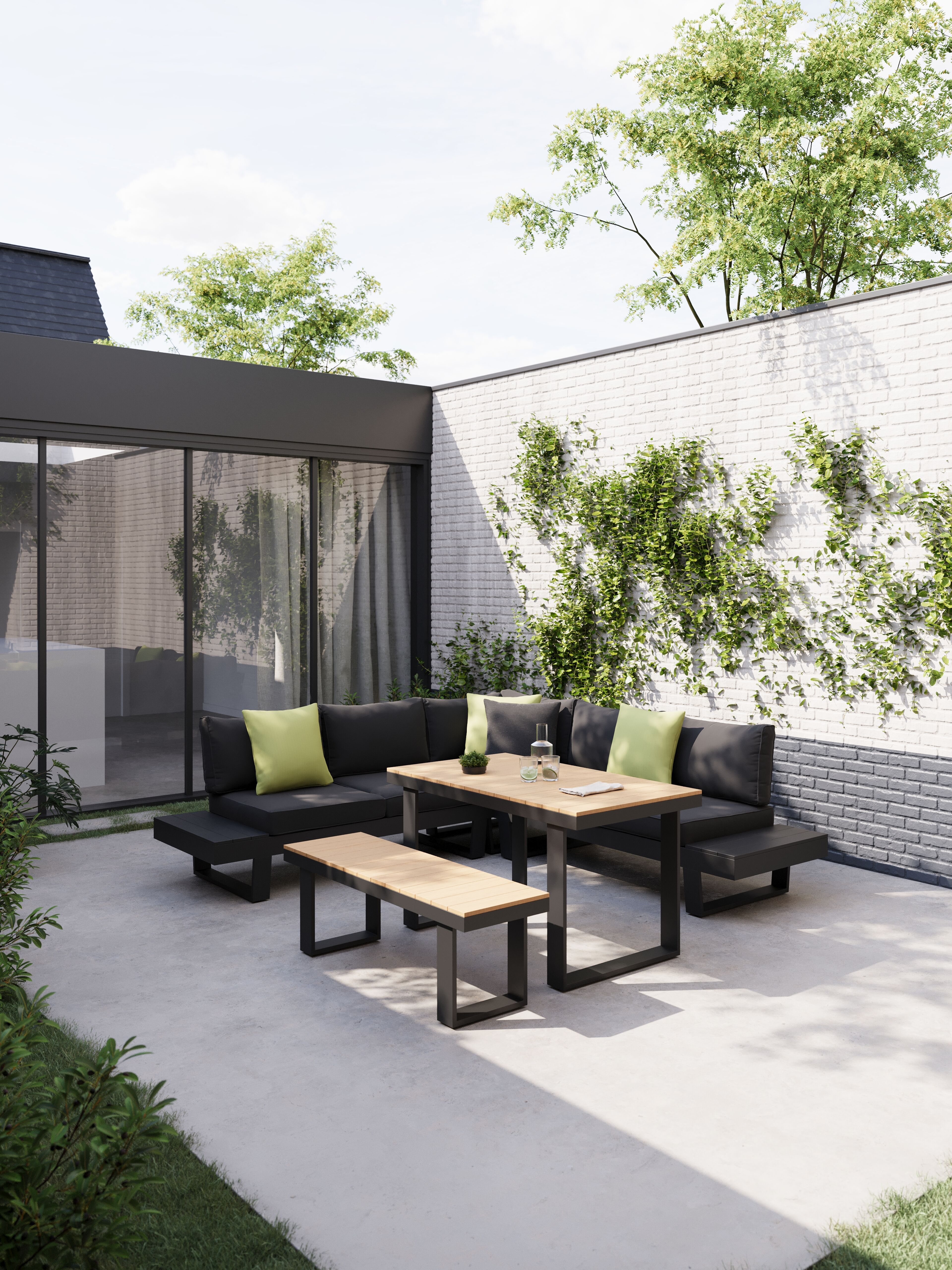 Alora loungehoek in zwart aluminium met zwart weather+ softtouch kussens en loungetafel