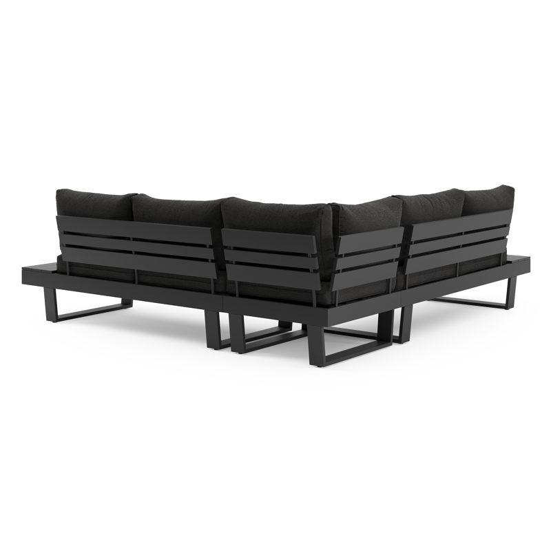 Alora loungehoek in zwart aluminium met zwart weather+ softtouch kussens en loungetafel