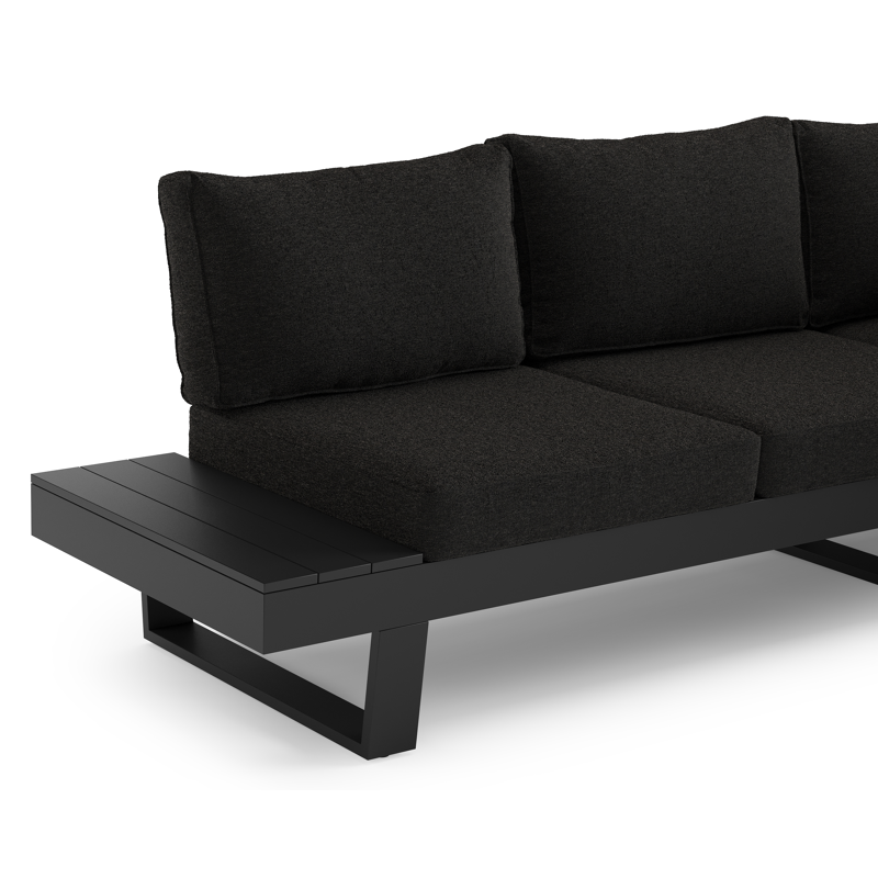 Alora loungehoek in zwart aluminium met zwart weather+ softtouch kussens en loungetafel