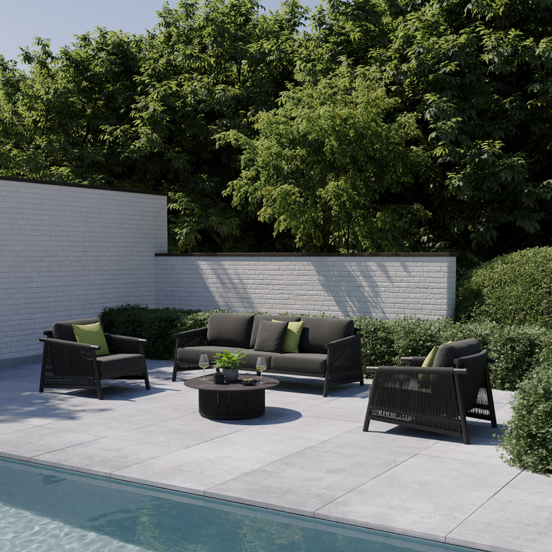 Erla loungeset in zwart aluminium en zwart verticaal geweven ronde rope met zwart kussen