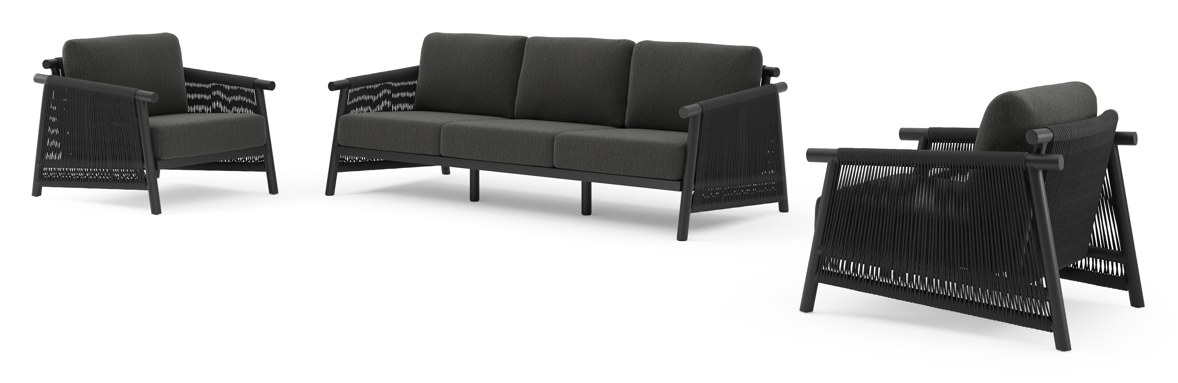 Erla loungeset in zwart aluminium en zwart verticaal geweven ronde rope met zwart kussen