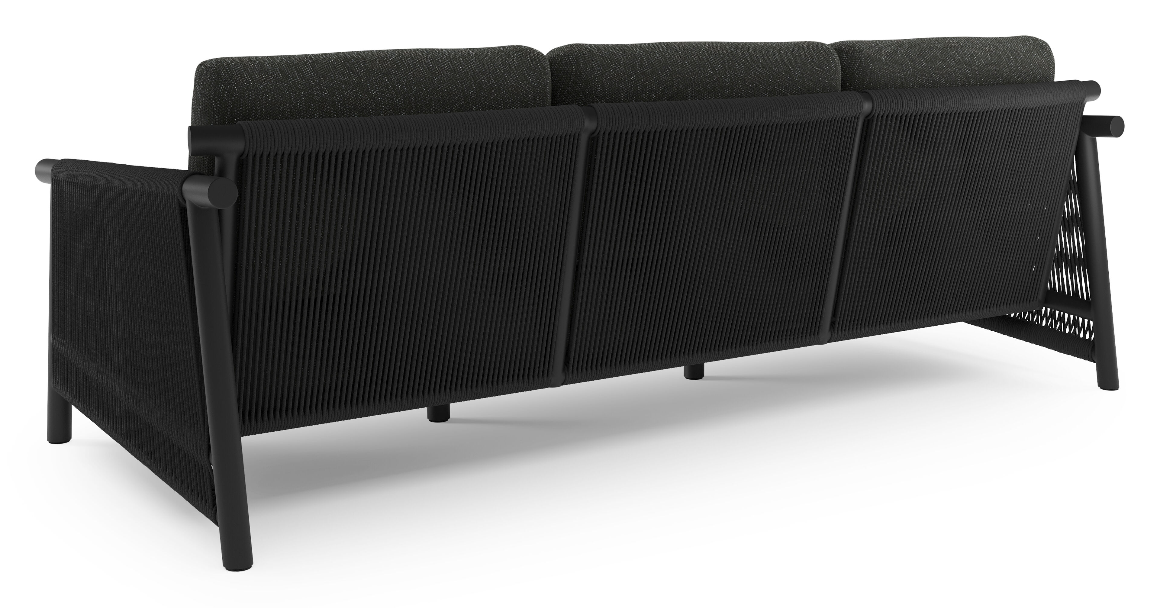 Erla loungeset in zwart aluminium en zwart verticaal geweven ronde rope met zwart kussen