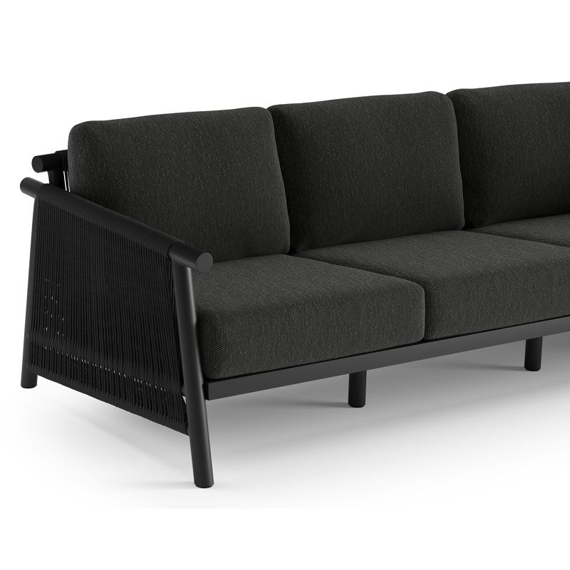 Erla loungeset in zwart aluminium en zwart verticaal geweven ronde rope met zwart kussen