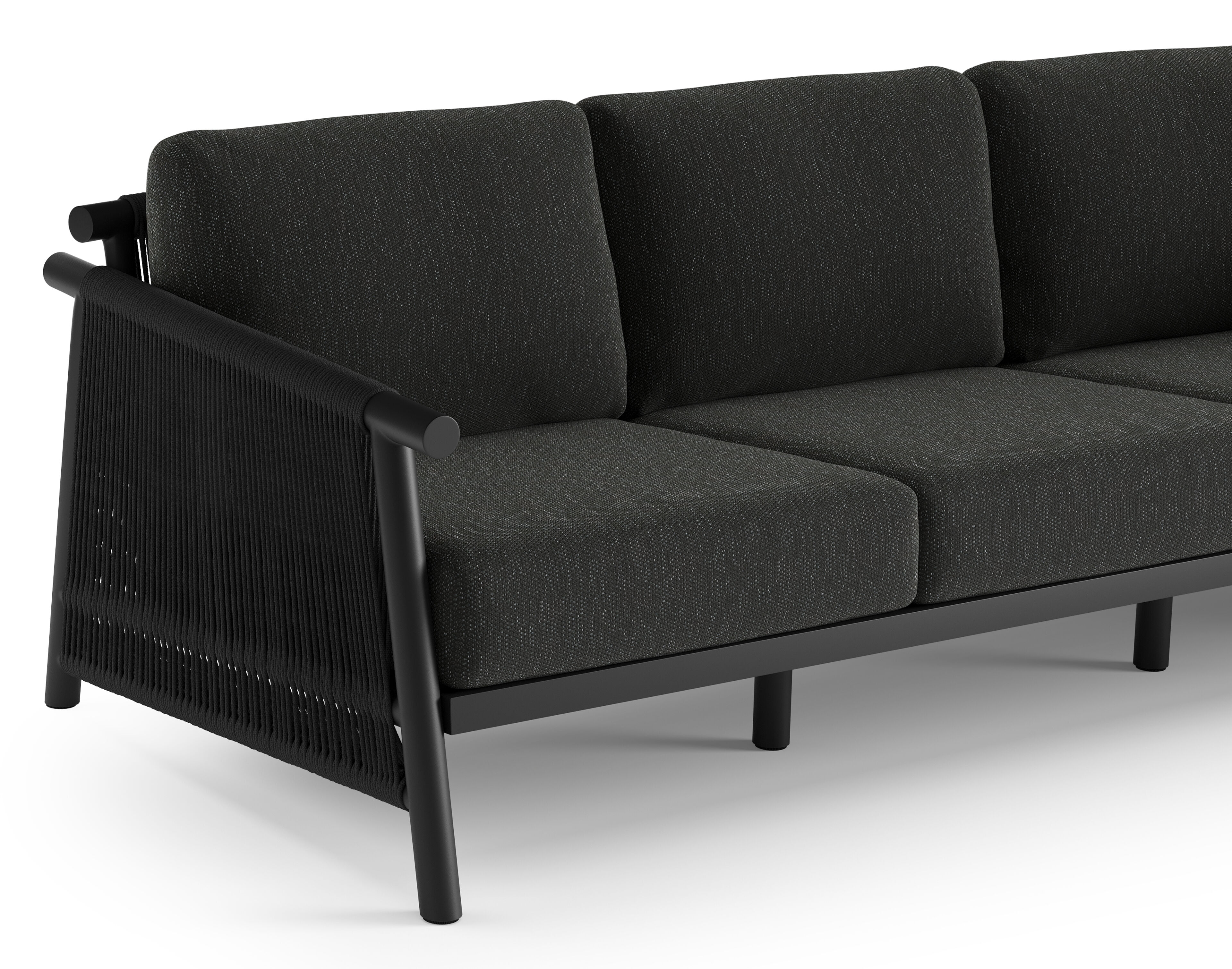Erla loungeset in zwart aluminium en zwart verticaal geweven ronde rope met zwart kussen