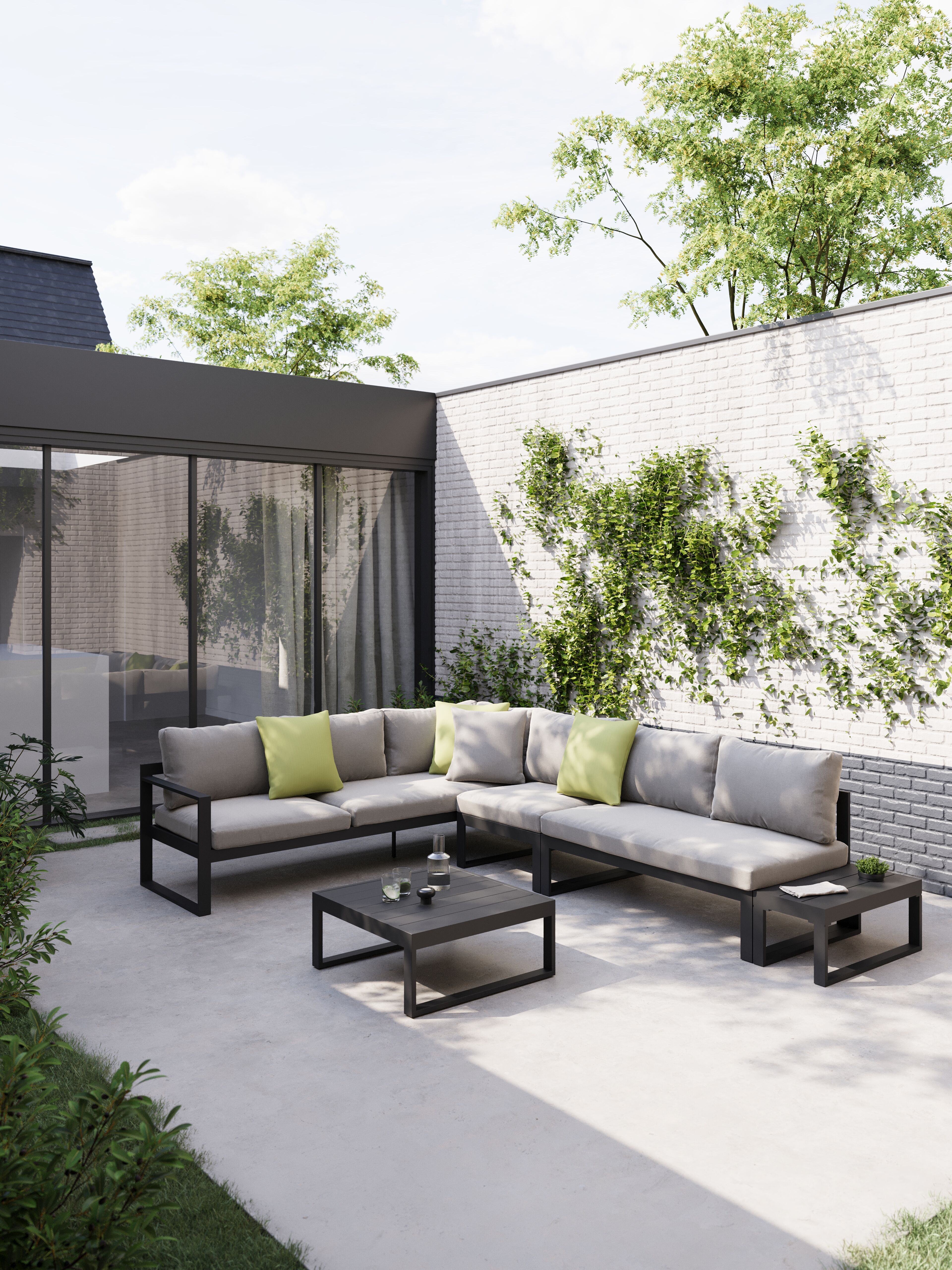 Salon de jardin d'angle Caldela en aluminium noir et coussins en weather+ softtouch noir