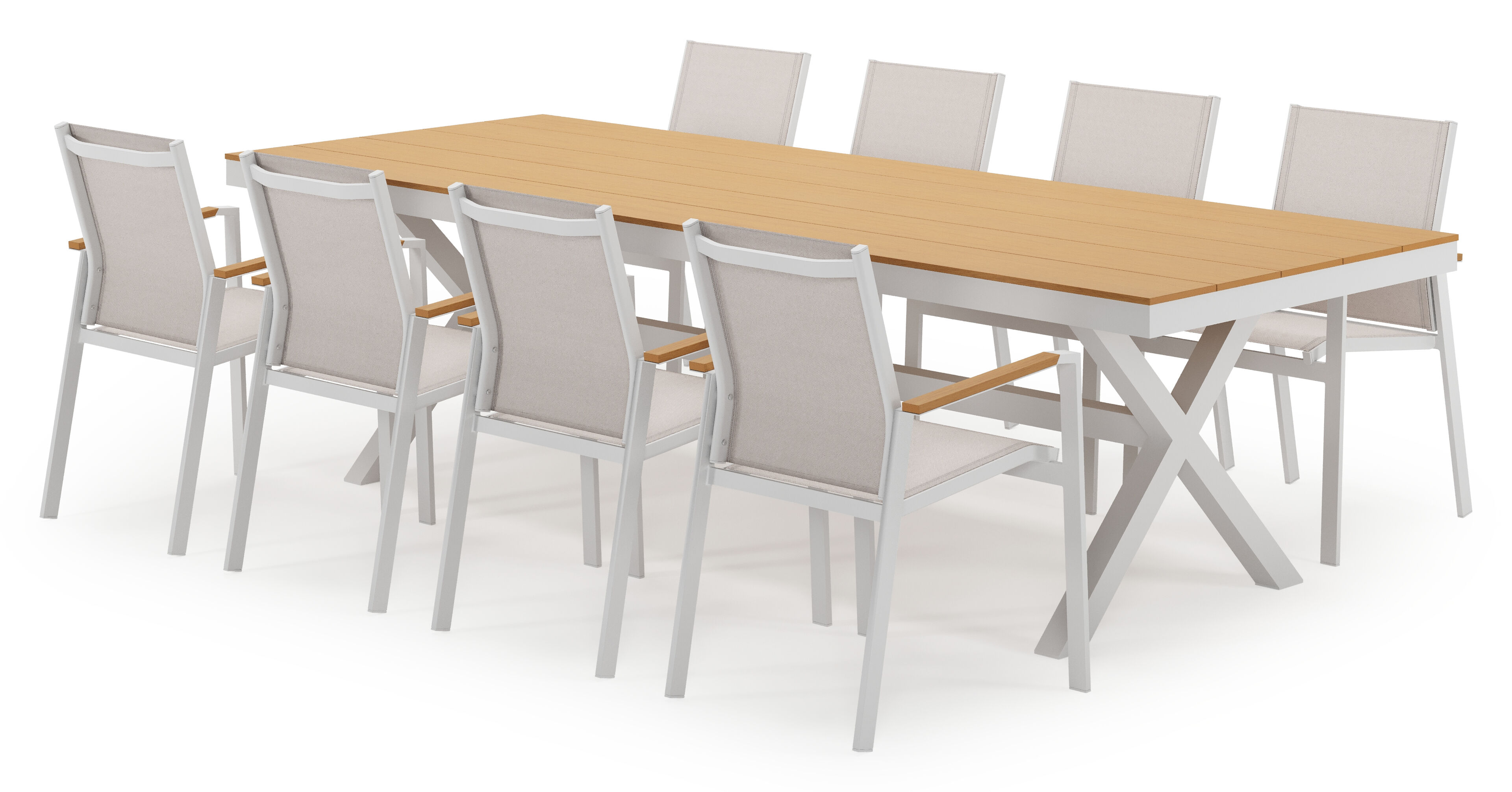 Bahia tuinset in wit aluminium en polywood met 8 stapelbare Bahia tuinstoelen
