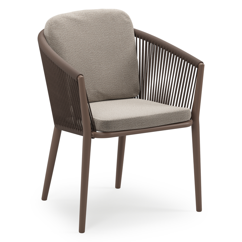 Orso stapelbare tuinstoel in taupe aluminium en taupe verticaal geweven ronde rope met stoelkussen in All Weather Sunbrella® Luxe Savane Coconut