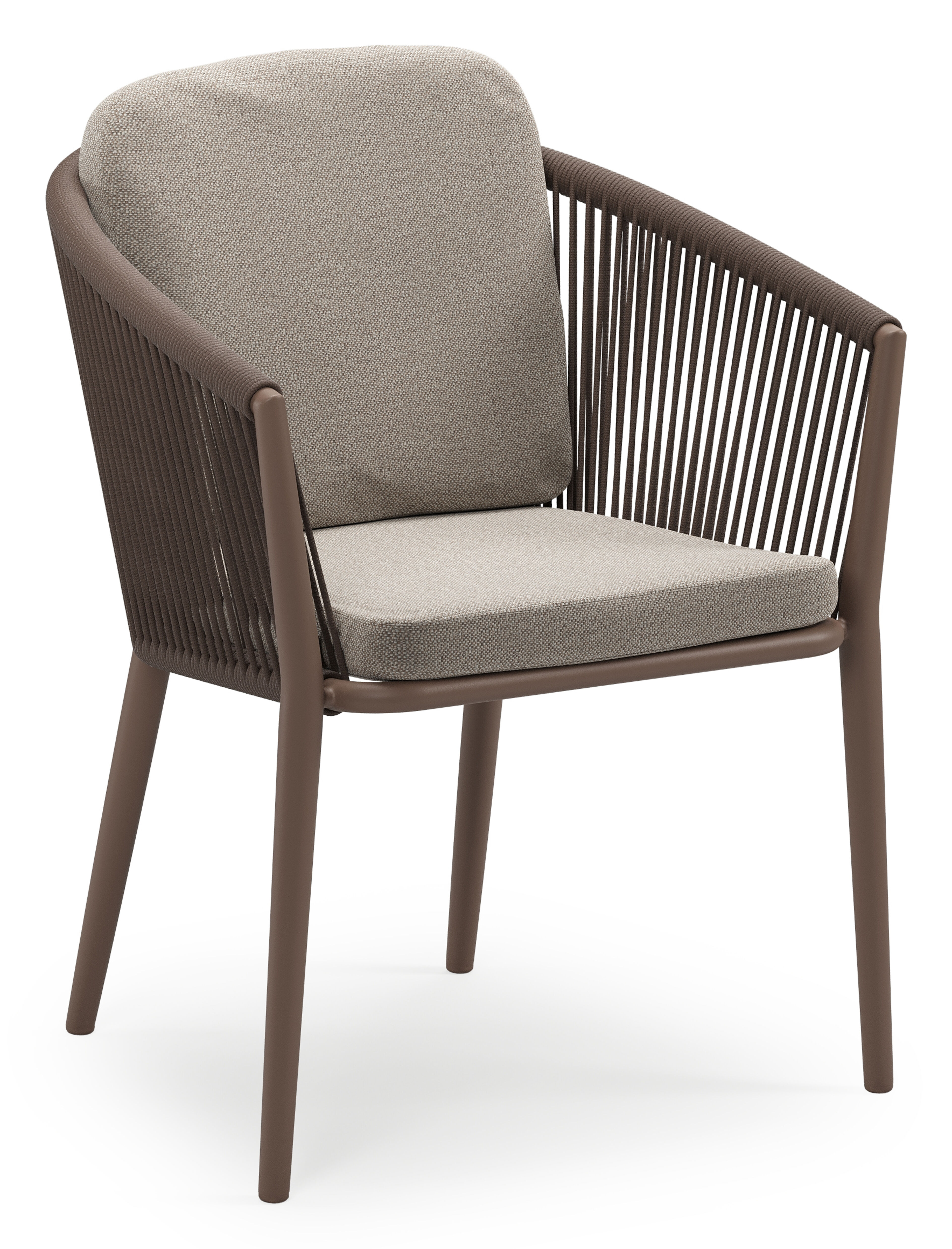 Orso stapelbare tuinstoel in taupe aluminium en taupe verticaal geweven ronde rope met stoelkussen in All Weather Sunbrella® Luxe Savane Coconut