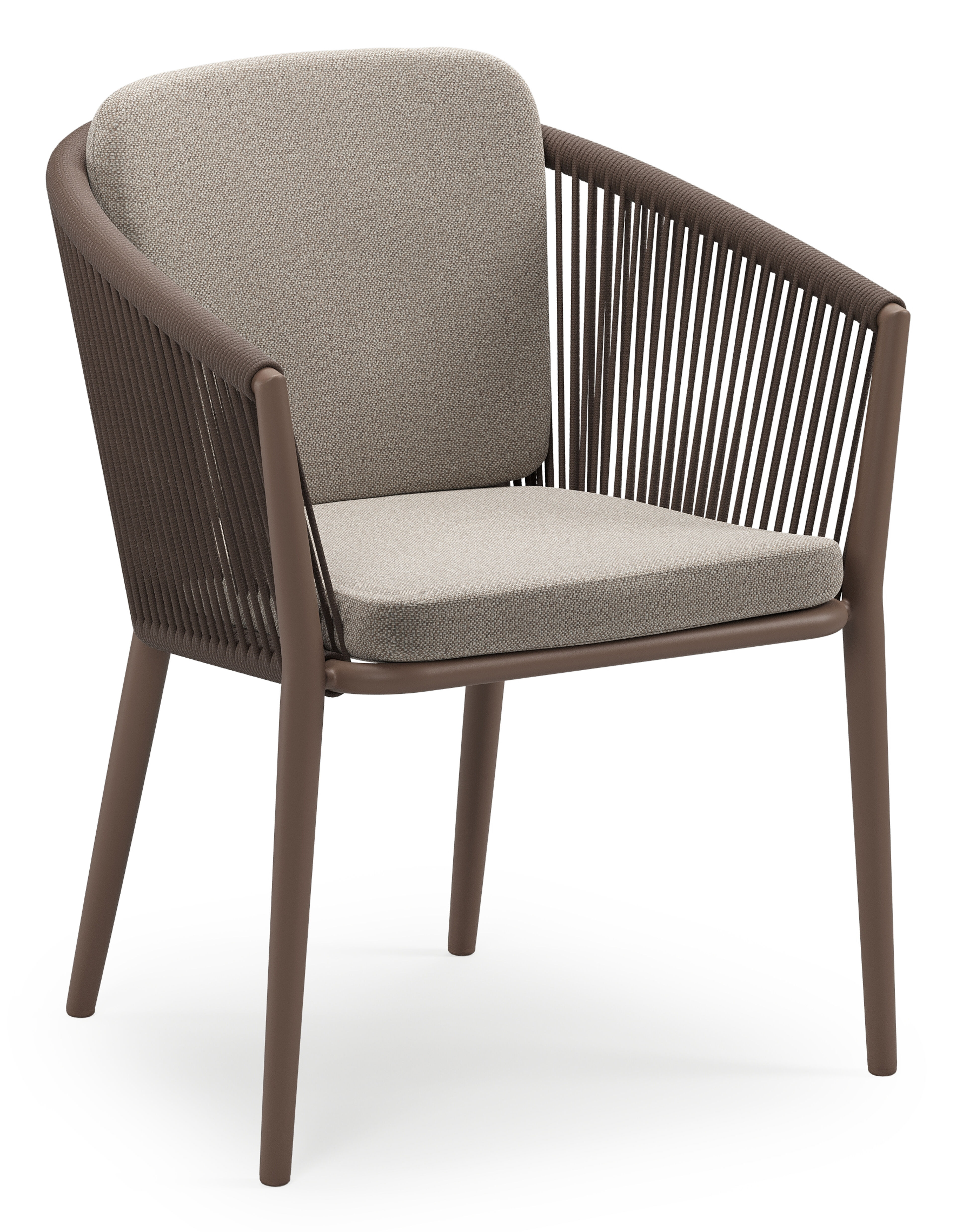 Orso stapelbare tuinstoel in taupe aluminium en taupe verticaal geweven ronde rope met stoelkussen in All Weather Sunbrella® Luxe Savane Coconut