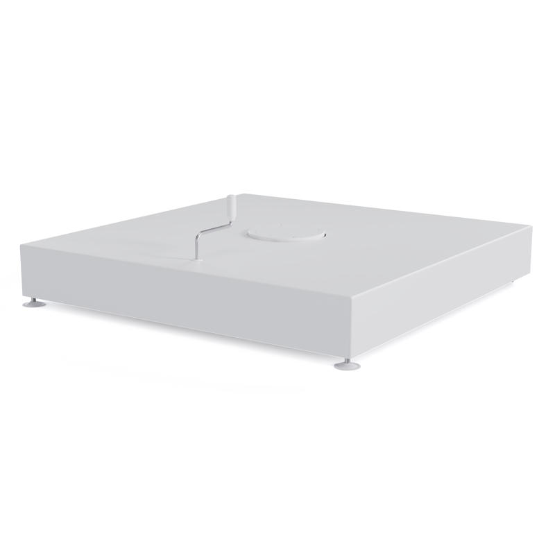 Minore zweefparasol met tiltfunctie in wit aluminium en All Weather Sunbrella Luxe Savane Nimbus - L1 400 x L2 300 cm met parasolvoet Minore 260 kg met wielen