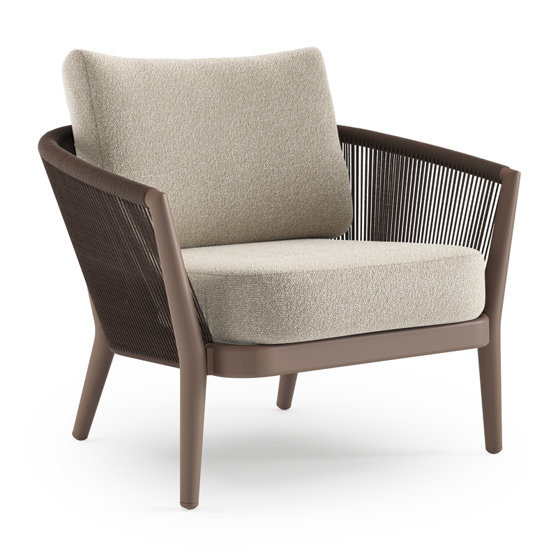 Orso loungestoel in taupe aluminiumen zwart verticaal geweven ronde rope met Marbella Ecru all weather cosytica kussen