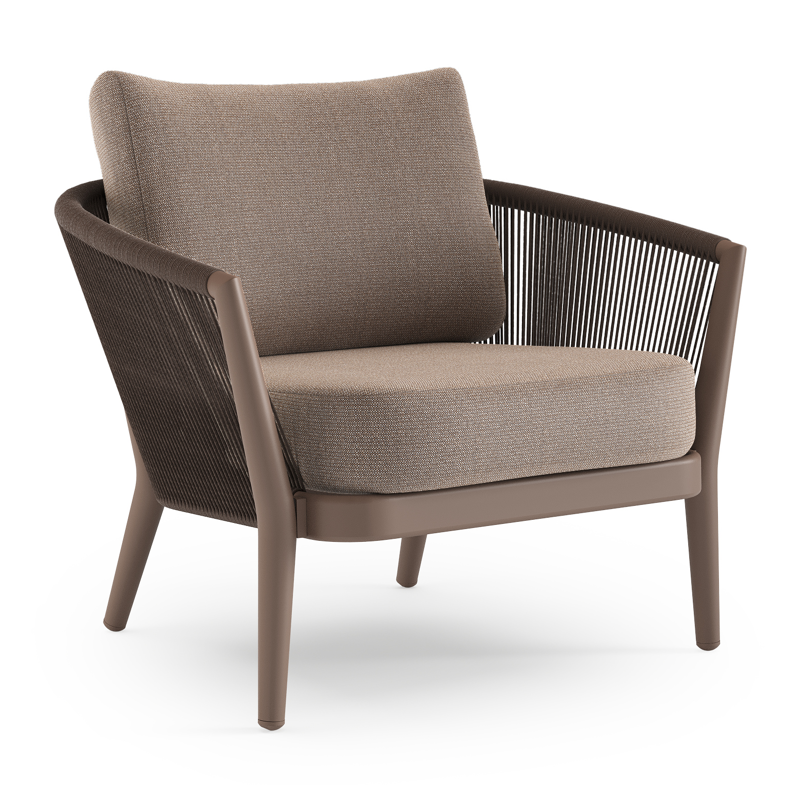 Orso loungestoel in taupe aluminiumen zwart verticaal geweven ronde rope met Savane Earth all weather sunbrella® luxe kussen