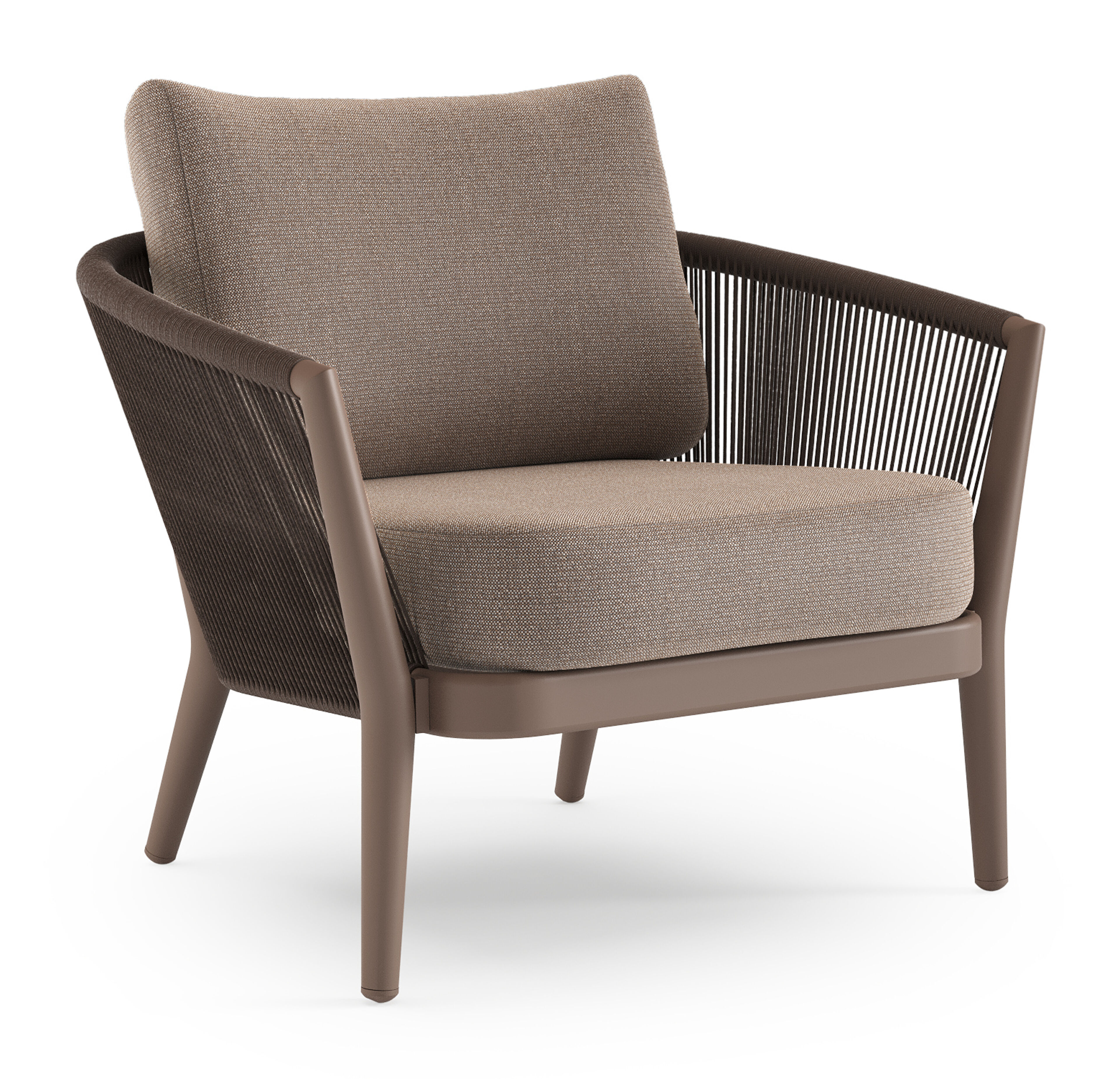 Fauteuil de jardin Orso en aluminium taupe en corde ronde tissée verticalement noir et coussins en all weather sunbrella® luxe Savane Earth