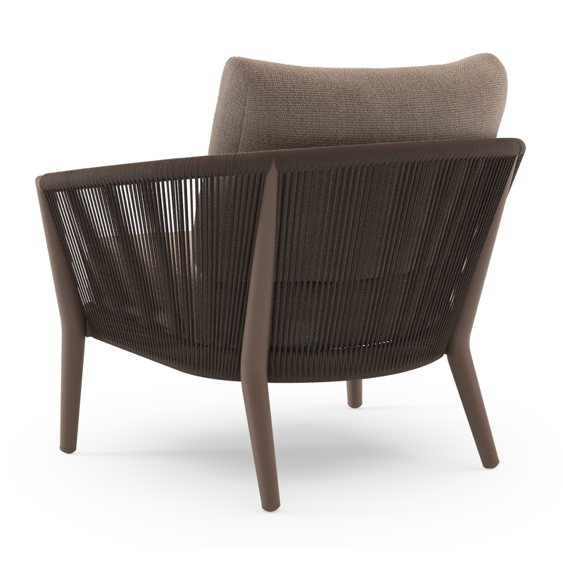 Orso loungestoel in taupe aluminiumen zwart verticaal geweven ronde rope met Savane Earth all weather sunbrella® luxe kussen