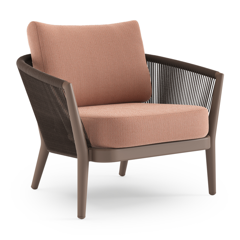 Orso loungestoel in taupe aluminiumen zwart verticaal geweven ronde rope met Lopi Fawn all weather sunbrella® luxe kussen