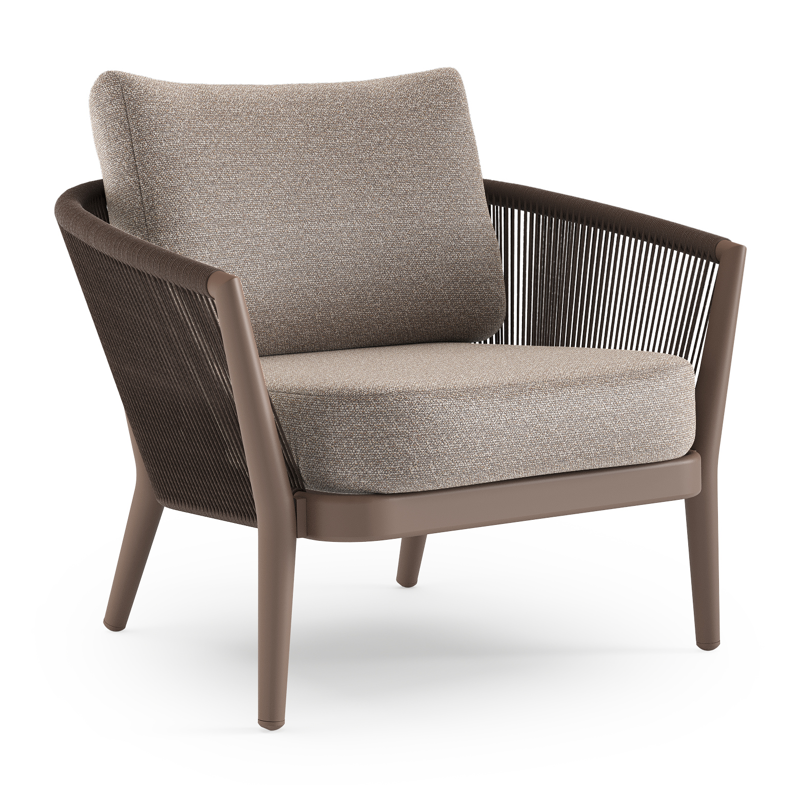 Orso loungestoel in taupe aluminiumen zwart verticaal geweven ronde rope met Wander Manioc all weather sunbrella® luxe kussen