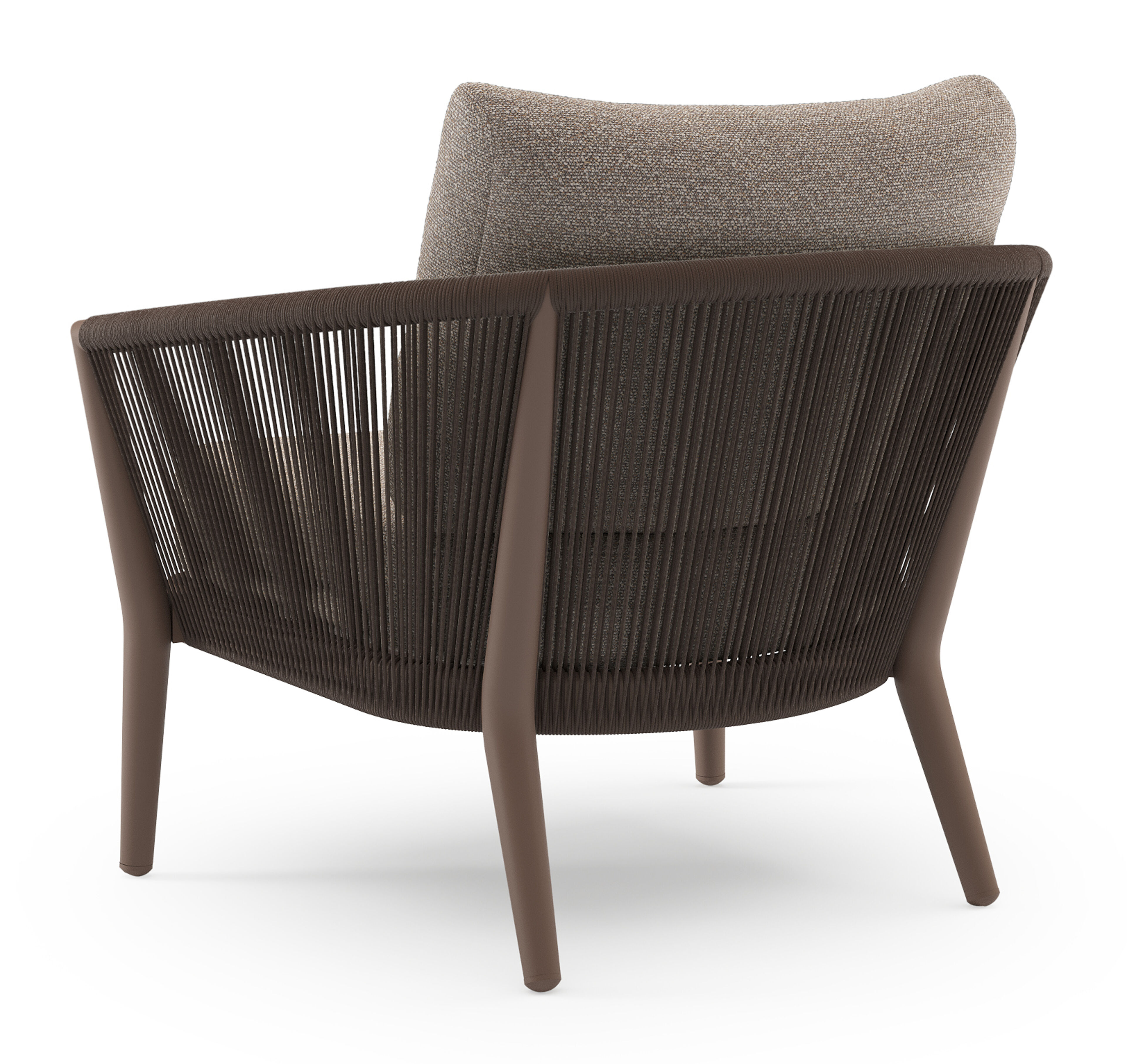 Fauteuil de jardin Orso en aluminium taupe en corde ronde tissée verticalement noir et coussins en all weather sunbrella® luxe Wander Manioc