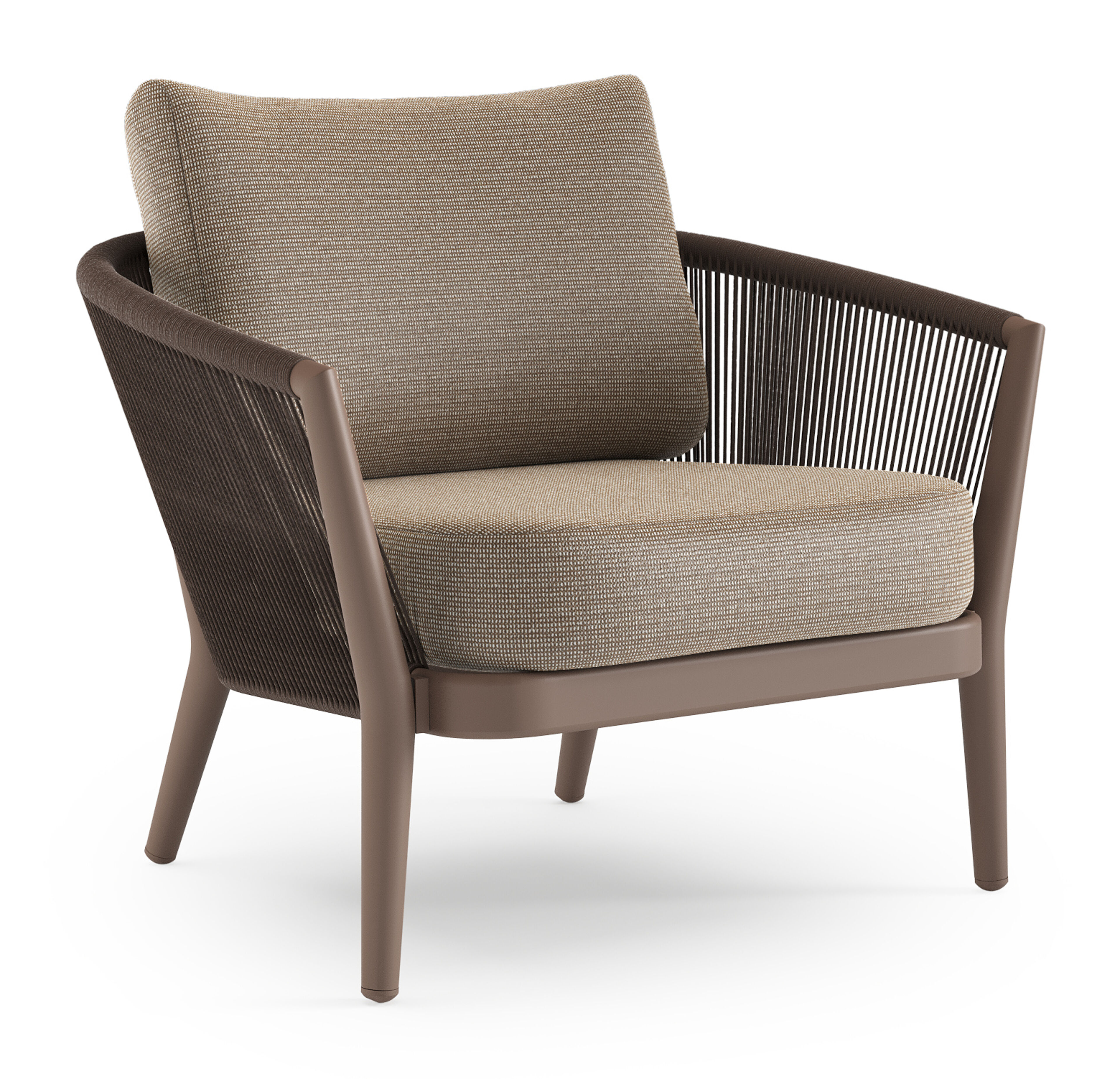 Orso loungestoel in taupe aluminiumen zwart verticaal geweven ronde rope met Firenze Earth all weather solica kussen