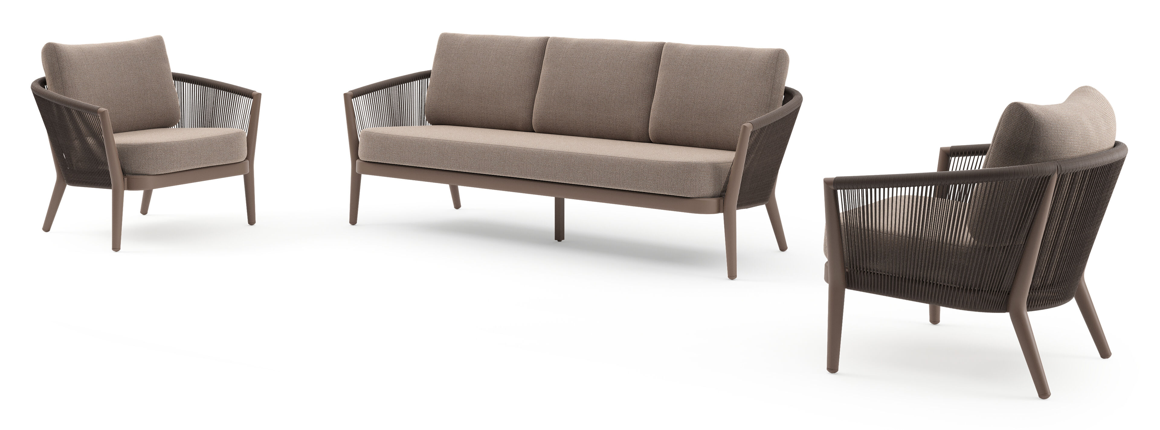 Salon de jardin Orso en aluminium taupe en corde ronde tissée verticalement noir et coussins en all weather sunbrella® luxe Savane Earth