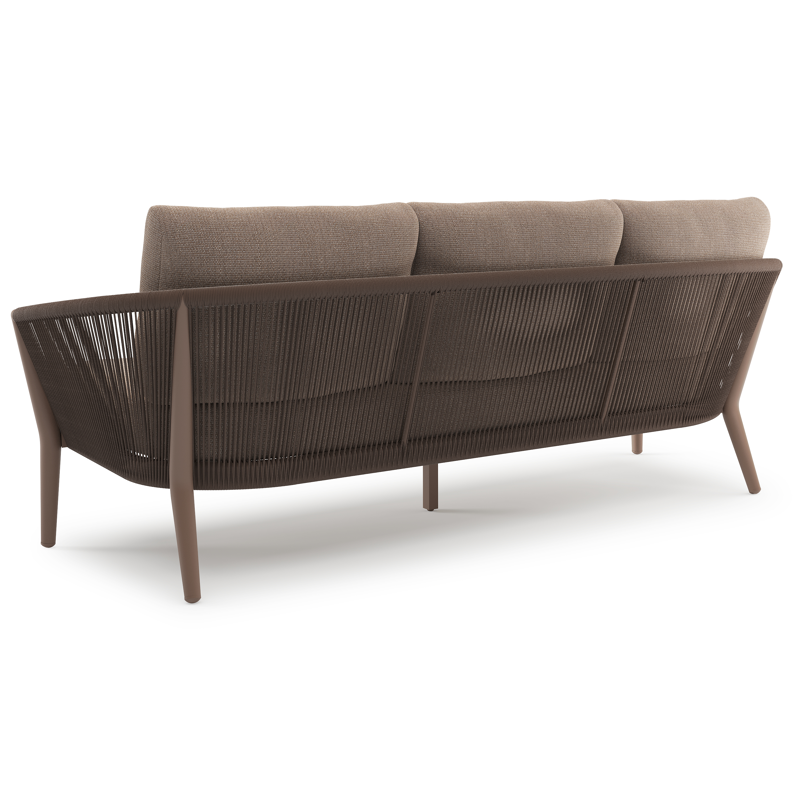 Salon de jardin Orso en aluminium taupe en corde ronde tissée verticalement noir et coussins en all weather sunbrella® luxe Savane Earth