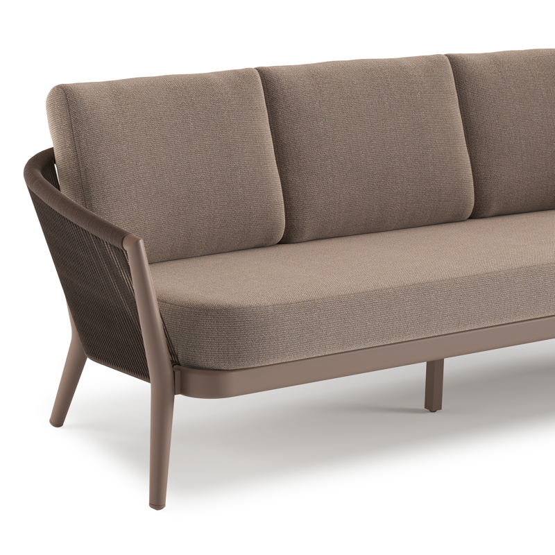 Salon de jardin Orso en aluminium taupe en corde ronde tissée verticalement noir et coussins en all weather sunbrella® luxe Savane Earth